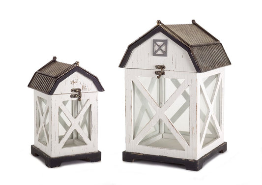 Set of Two White And Brown Distressed Geometric Wood Floor Lantern Candle Holders