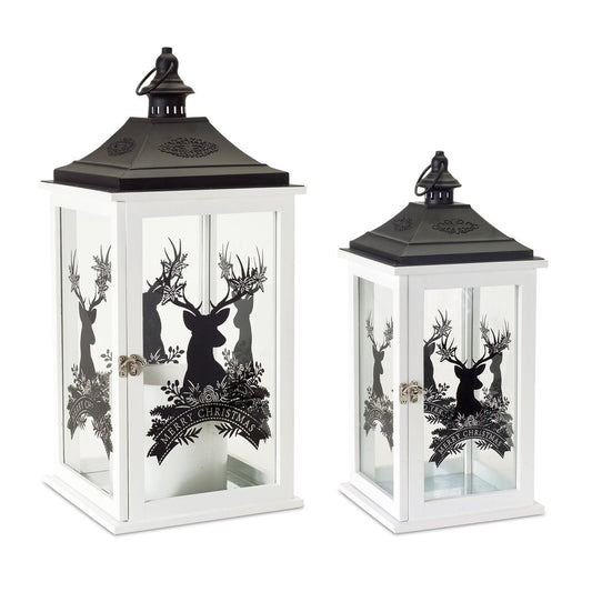 Set of Two White And Black Abstract Wood Tabletop Lantern Candle Holders