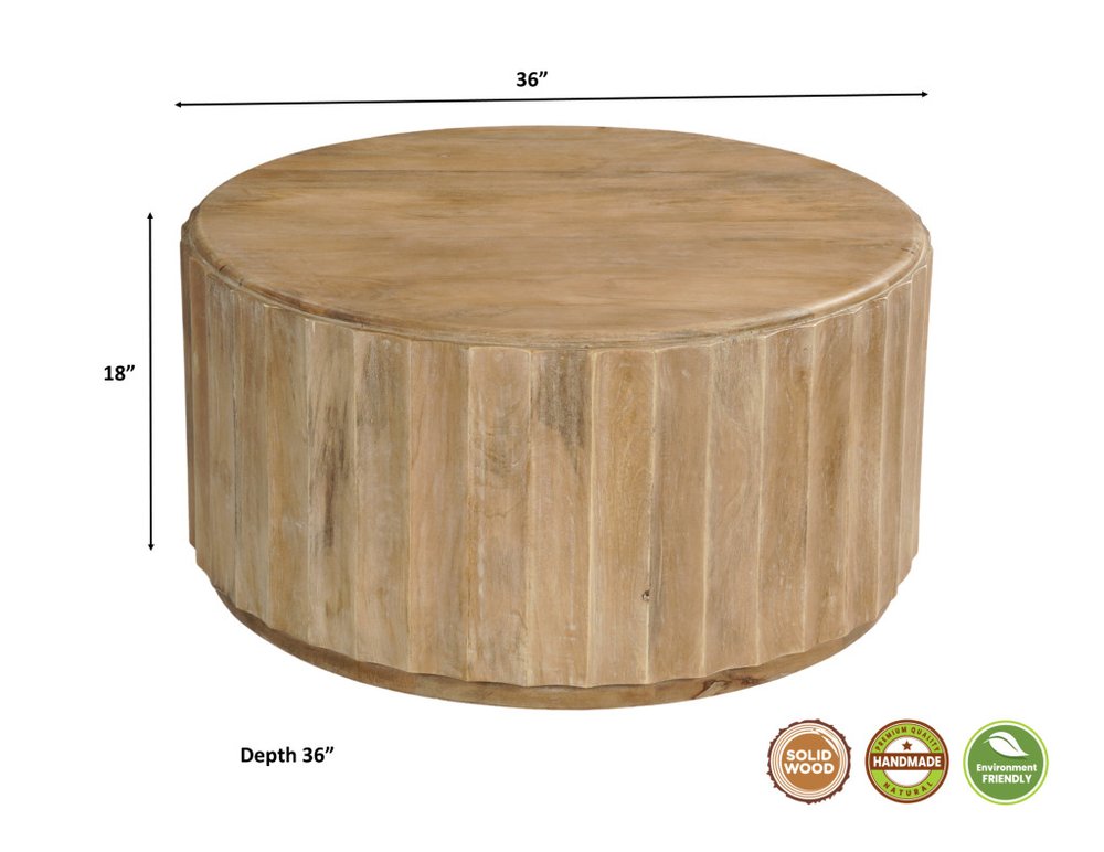 36" Brown Solid Wood Round Drum Coffee Table