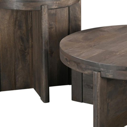 Set of Two Dark Brown Solid Wood Round Pedestal Furniture Set