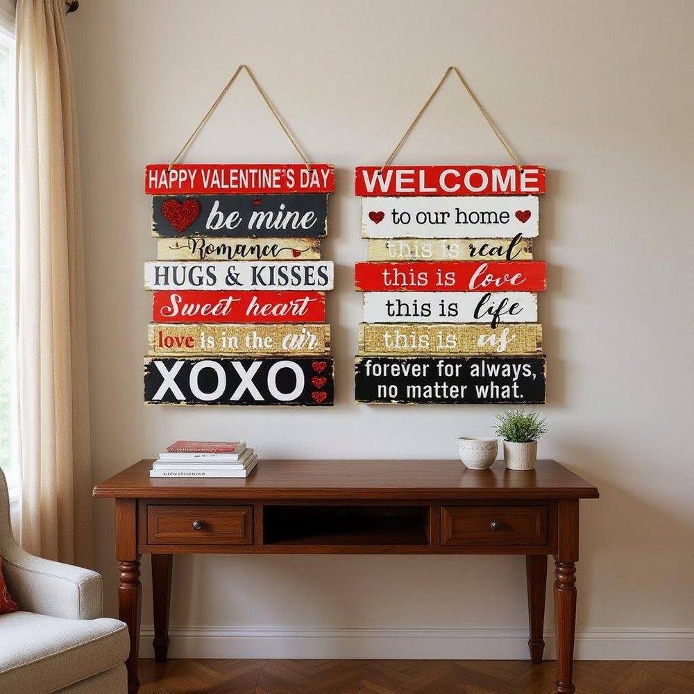 Set of Two Red White And Black Valentine's Day Wood Wall Decor