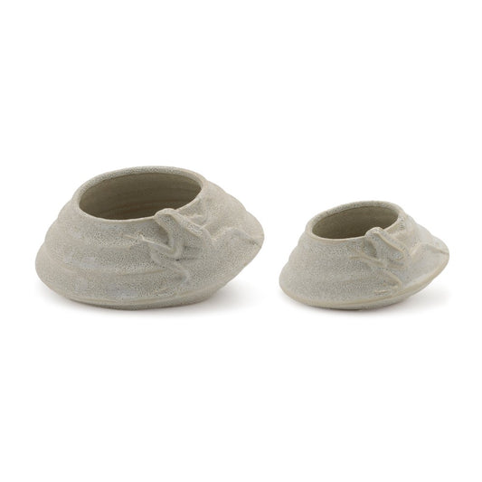 Set of Two Beige Porcelain 1 Ounce Frog Round Pot Planters