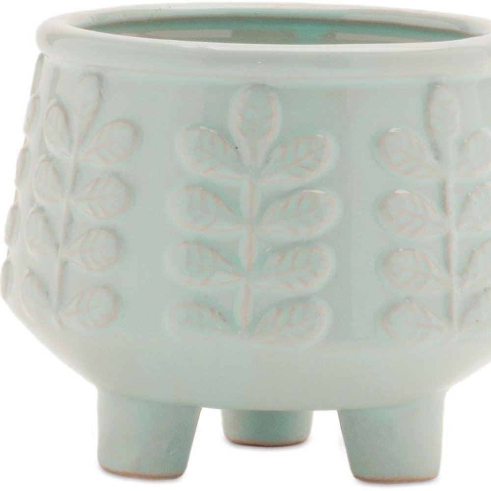 Set of Four Teal Blue Ceramic 1 Ounce Leaf Round Pot Planters