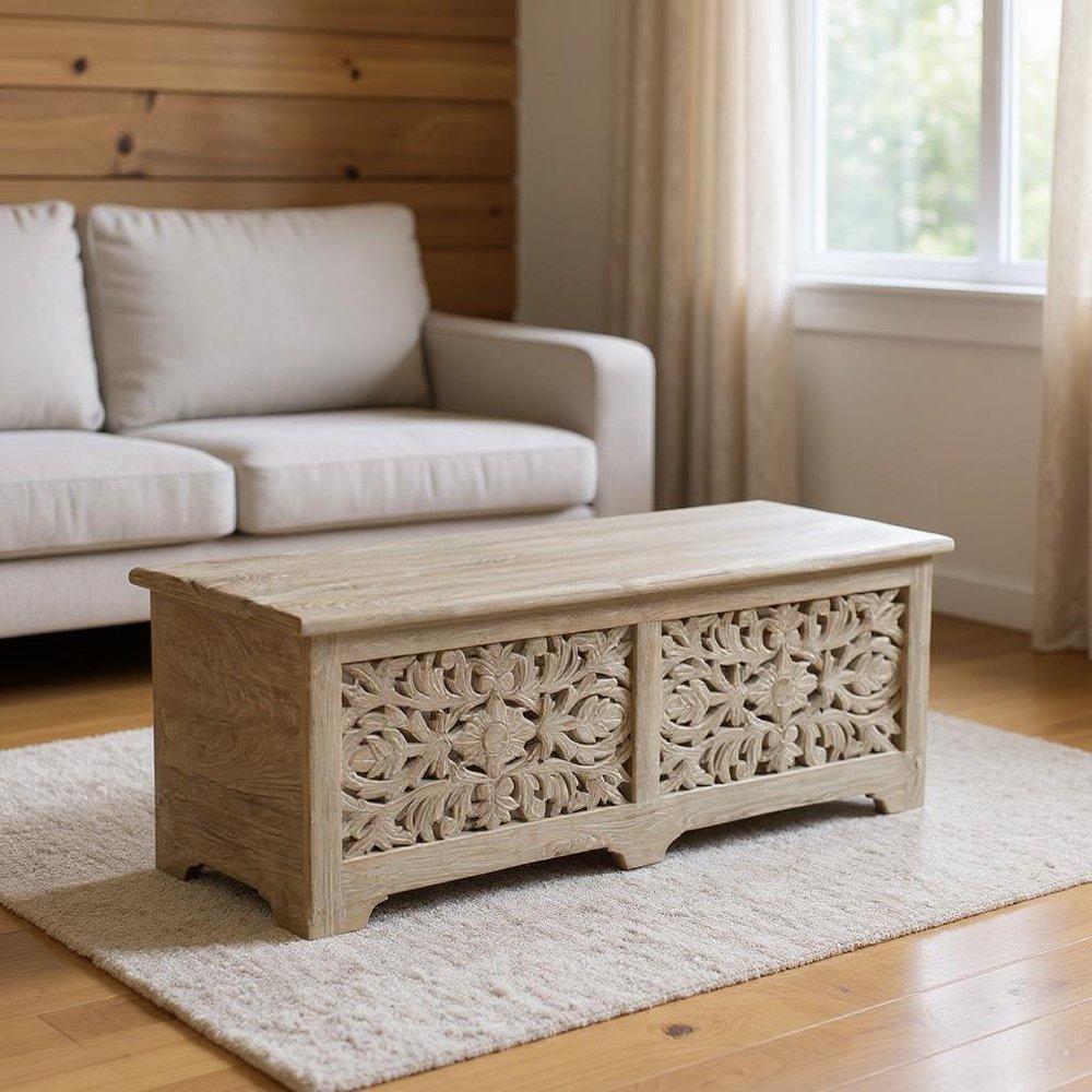 52" Gray Distressed Solid Wood Carved Floral Storage Ottoman