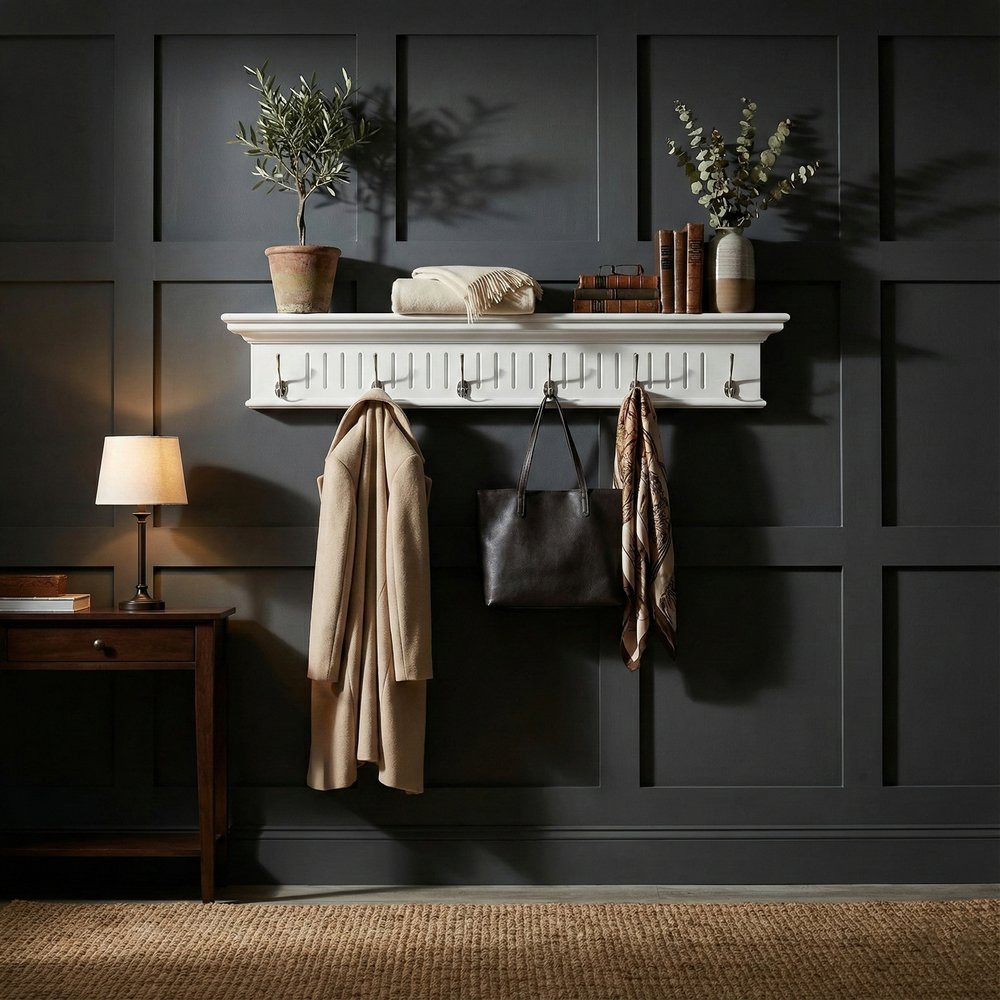 39" White Solid Wood Six Hook Wall Mount Coat Rack