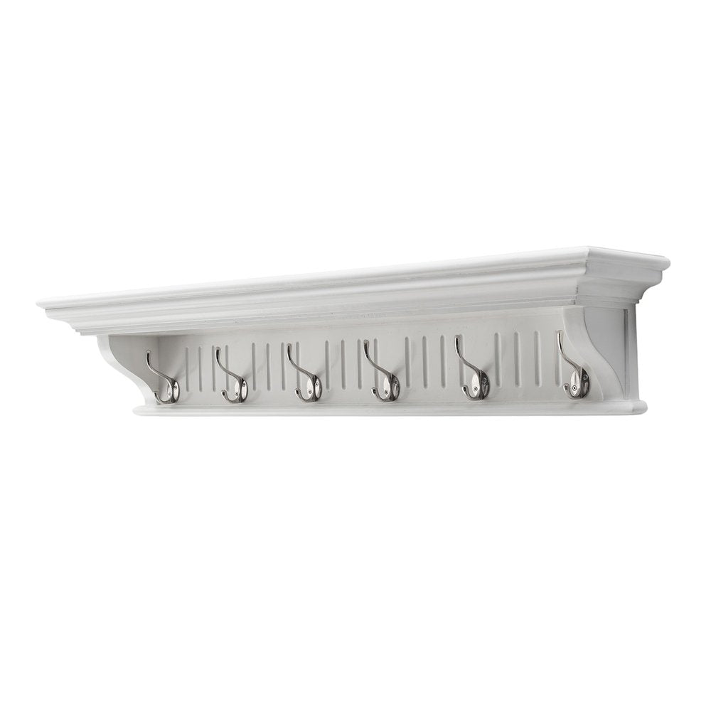39" White Solid Wood Six Hook Wall Mount Coat Rack