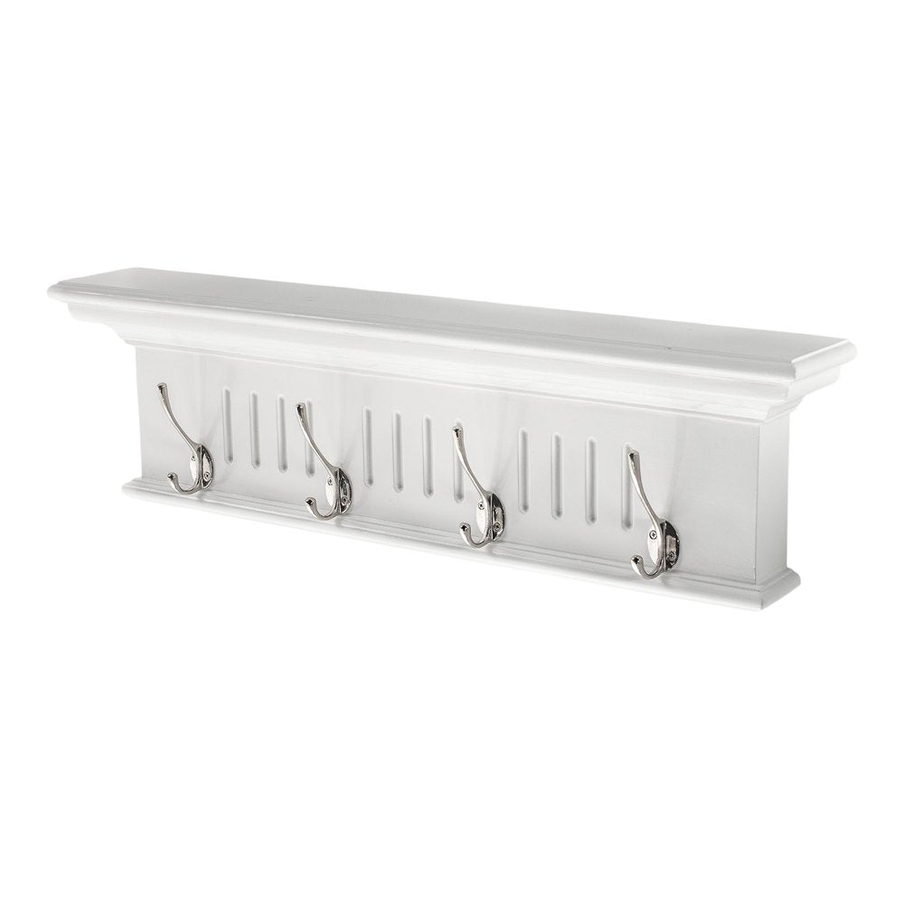 28" White Solid Wood Four Hook Wall Mount Coat Rack