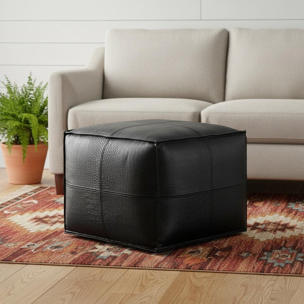 18" Black Leather Pouf Ottoman