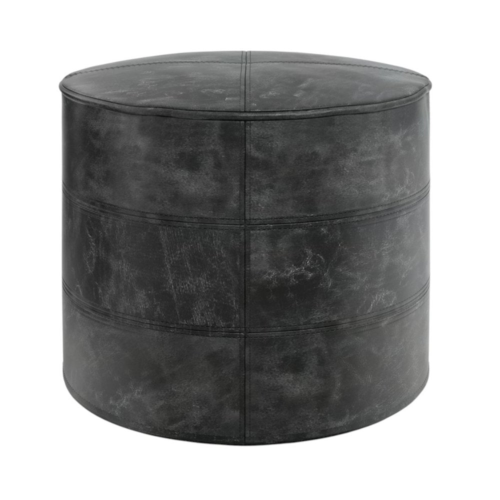 18" Black Leather Round Pouf Ottoman