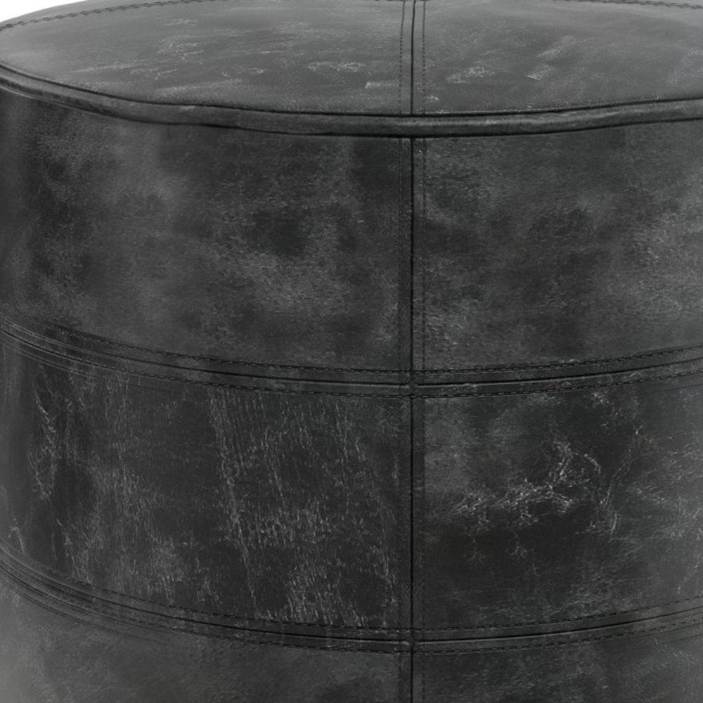 18" Black Leather Round Pouf Ottoman