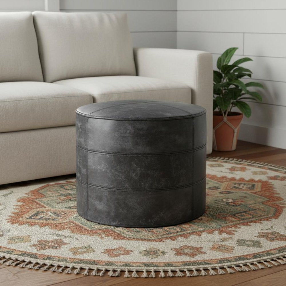 18" Black Leather Round Pouf Ottoman