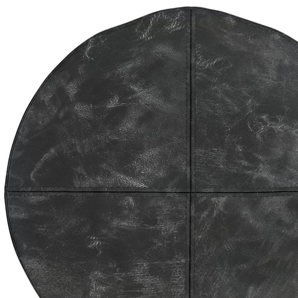18" Black Leather Round Pouf Ottoman