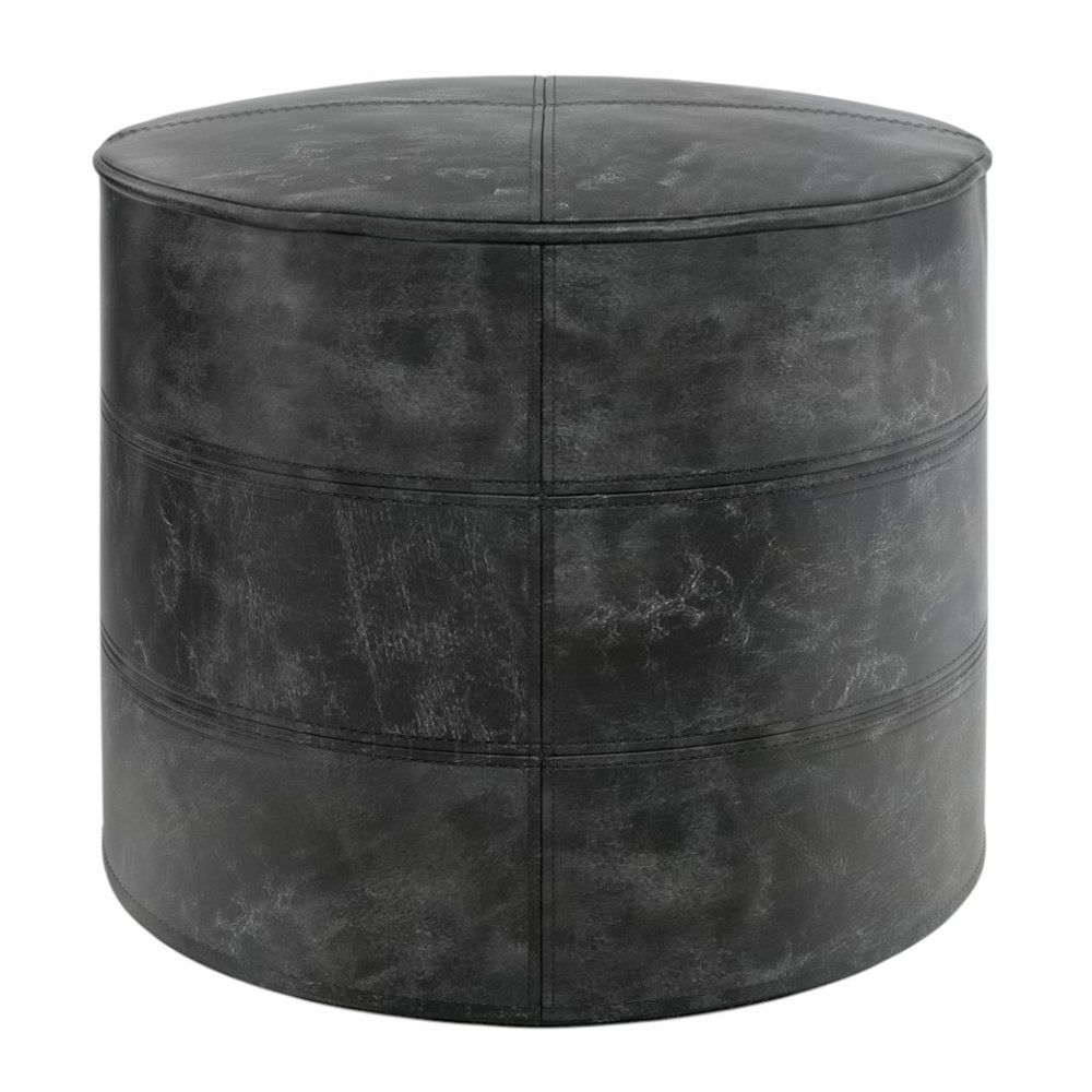 18" Black Leather Round Pouf Ottoman