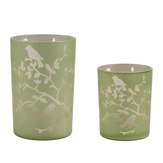 Set of Two Green Floral Glass Tabletop Pillar Candle Holders