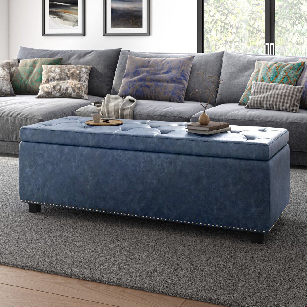 48" Denim Blue and Dark Brown Storage Ottoman