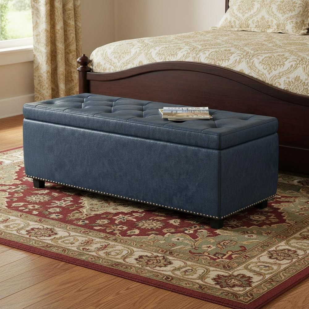 48" Denim Blue and Dark Brown Storage Ottoman
