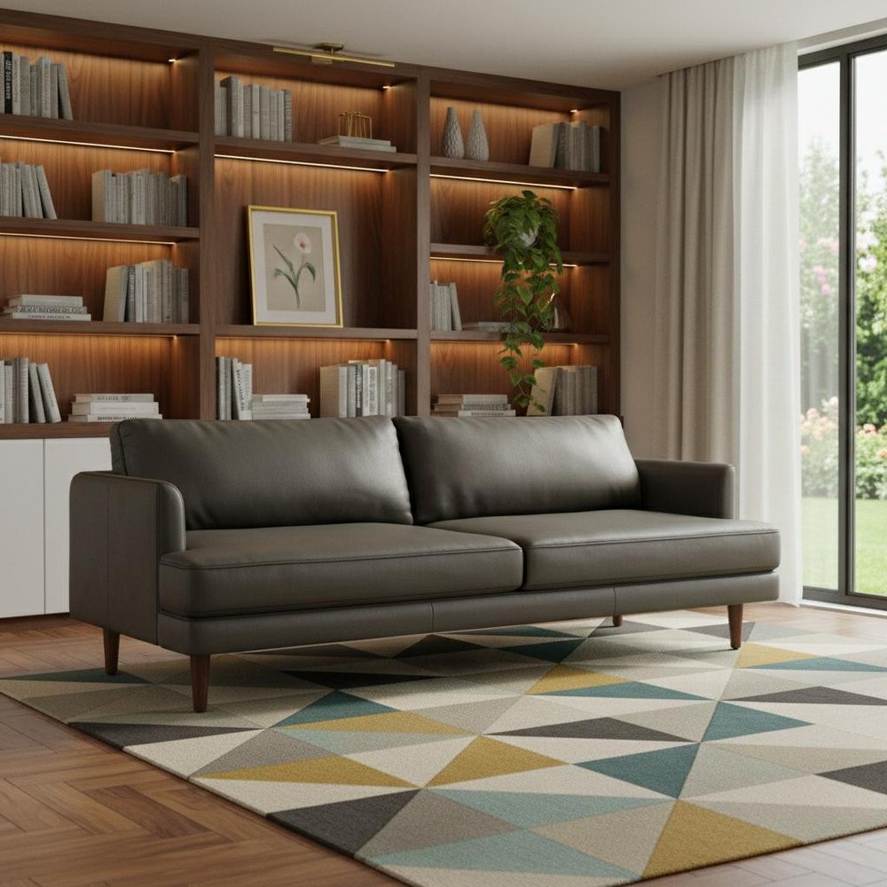 76" Black Leather Sofa With Brown Legs