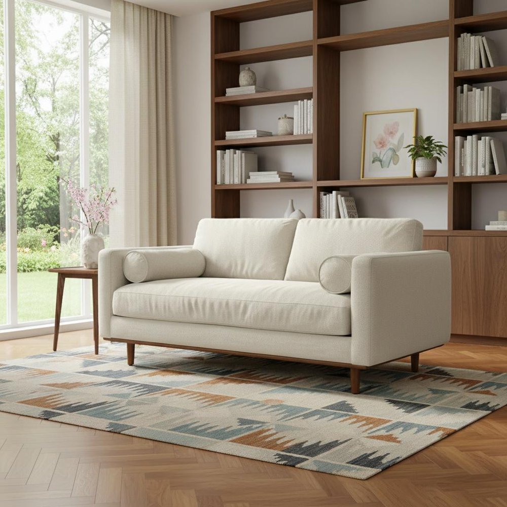 72" Cream Fabric Sofa With Brown Legs