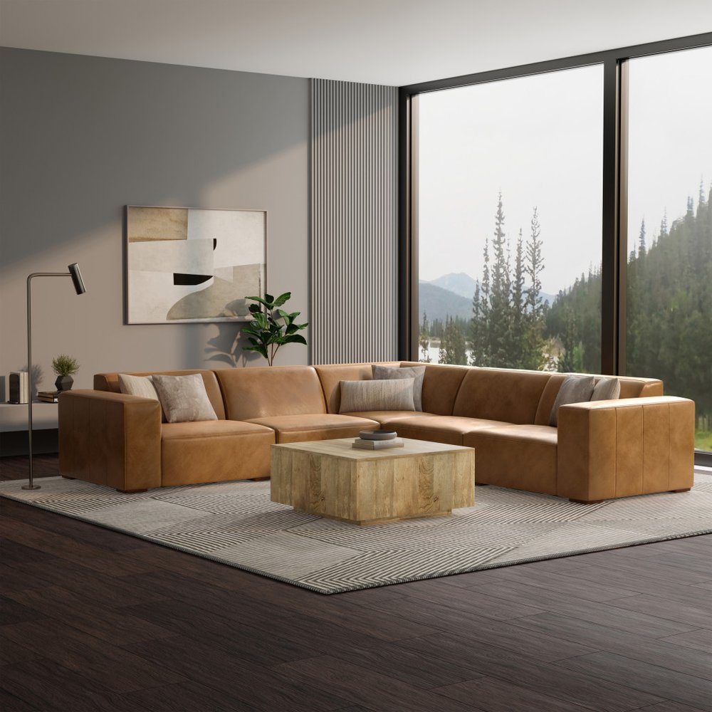 116" Sienna Leather Modular Sofa With Brown Legs