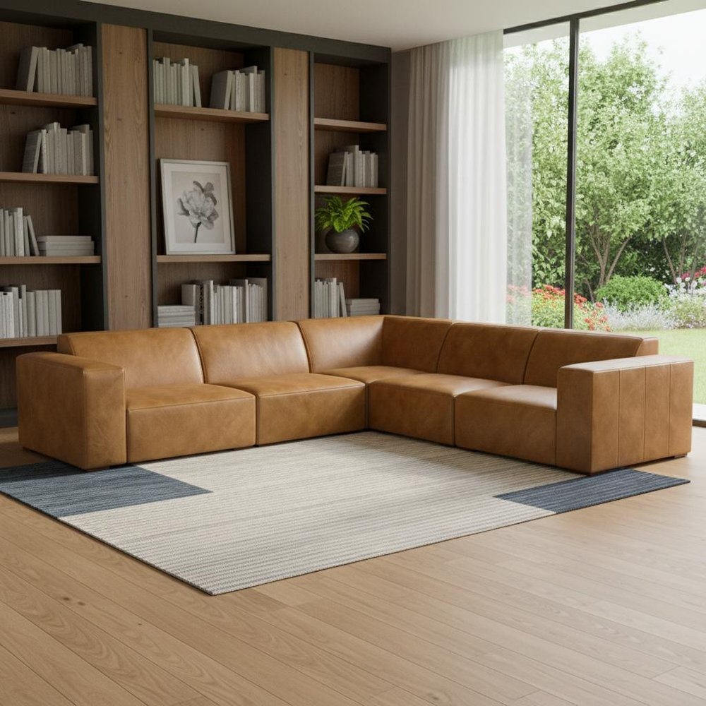 116" Sienna Leather Modular Sofa With Brown Legs