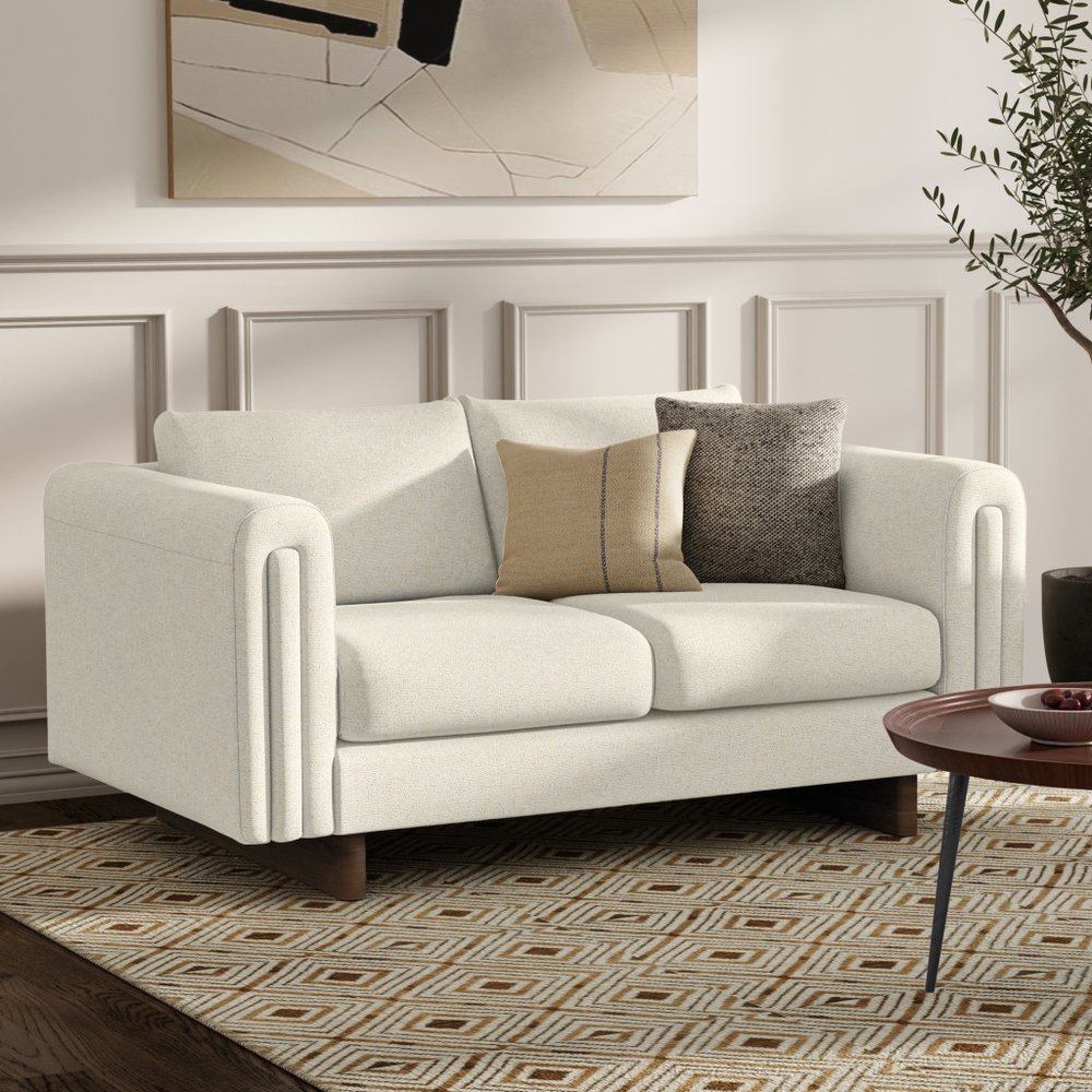 61" Ivory Fabric Sofa With Walnut Legs