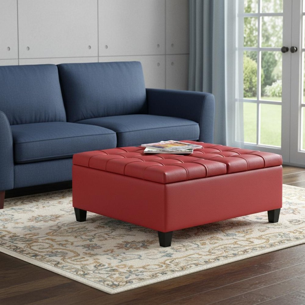 36" Red and Espresso Leather Cocktail Ottoman With Storage