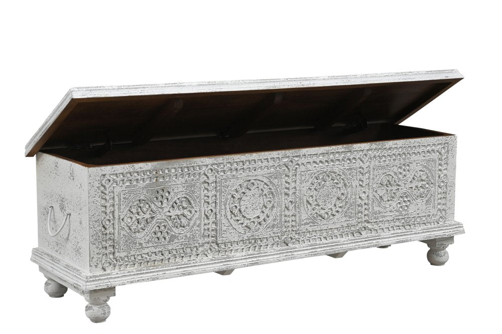 54" White Solid Wood Medallion Storage Ottoman