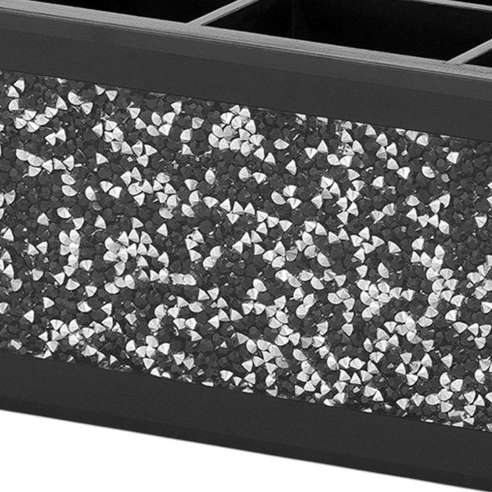 8" Black And Silver Glass Six Section Accessory Box With Faux Crystals