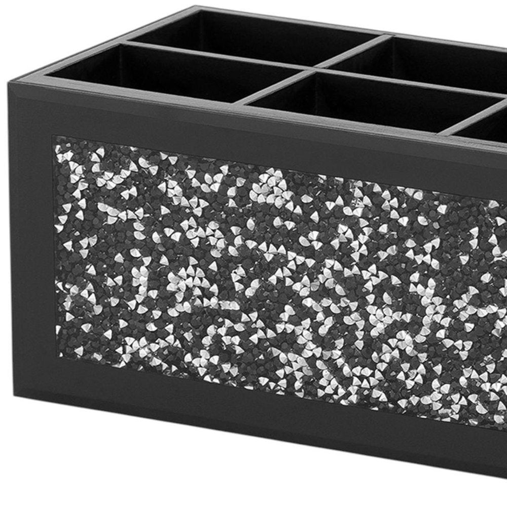 8" Black And Silver Glass Six Section Accessory Box With Faux Crystals