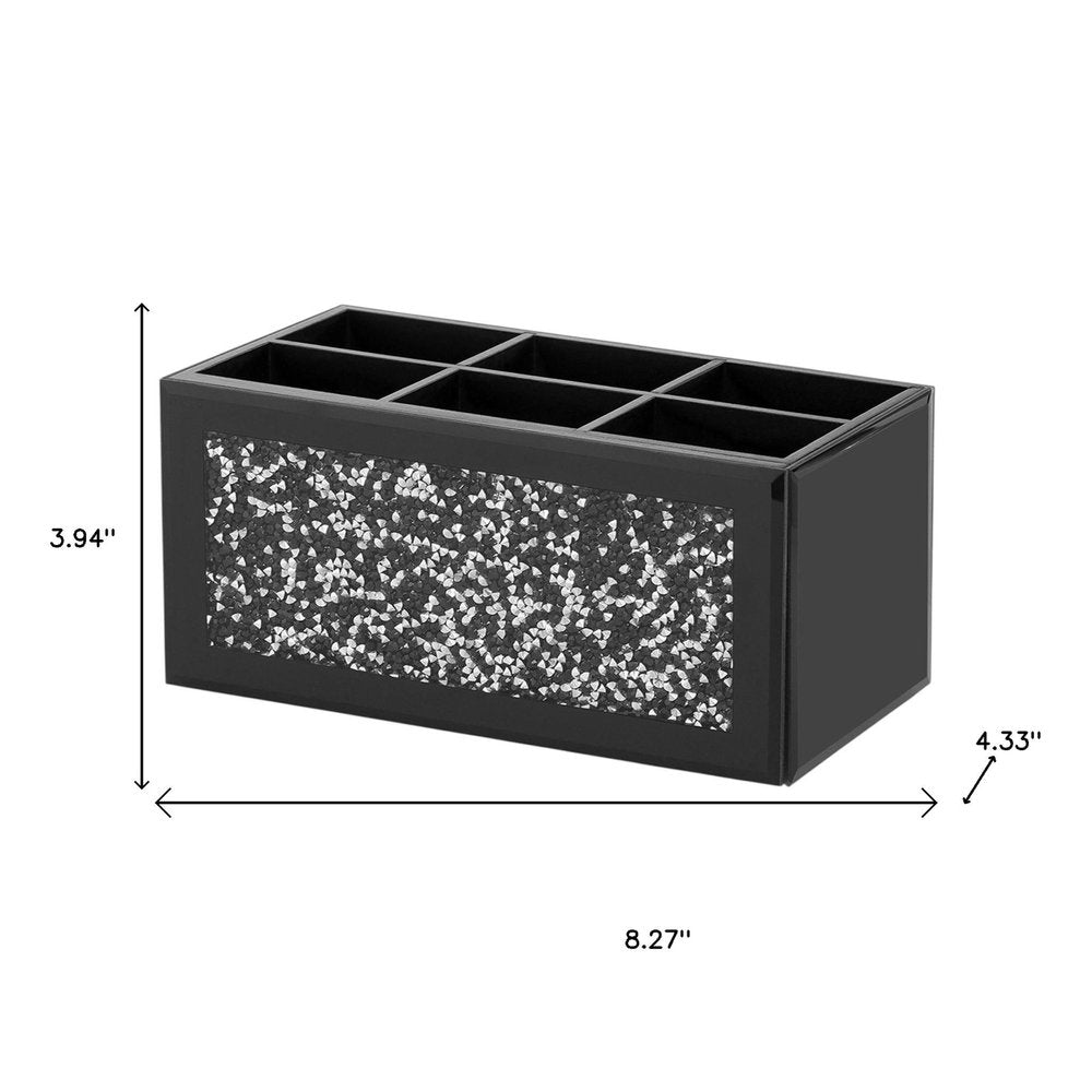 8" Black And Silver Glass Six Section Accessory Box With Faux Crystals