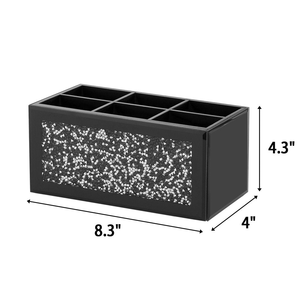 8" Black And Silver Glass Six Section Accessory Box With Faux Crystals