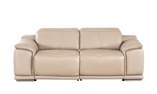 80" Beige and Silver Leather Power Reclining Loveseat