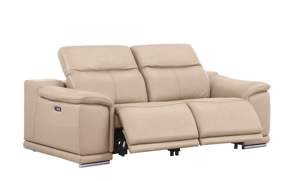 80" Beige and Silver Leather Power Reclining Loveseat