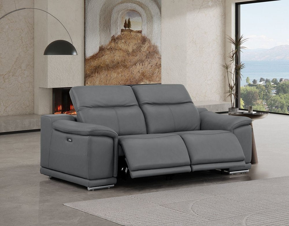 80" Battleship Gray and Silver Leather Power Reclining Loveseat