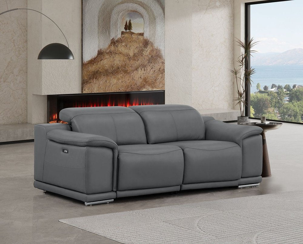 80" Battleship Gray and Silver Leather Power Reclining Loveseat