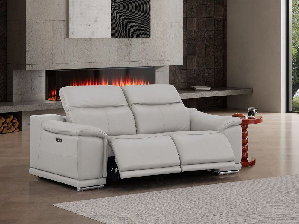 80" Ash Gray and Silver Leather Power Reclining Loveseat