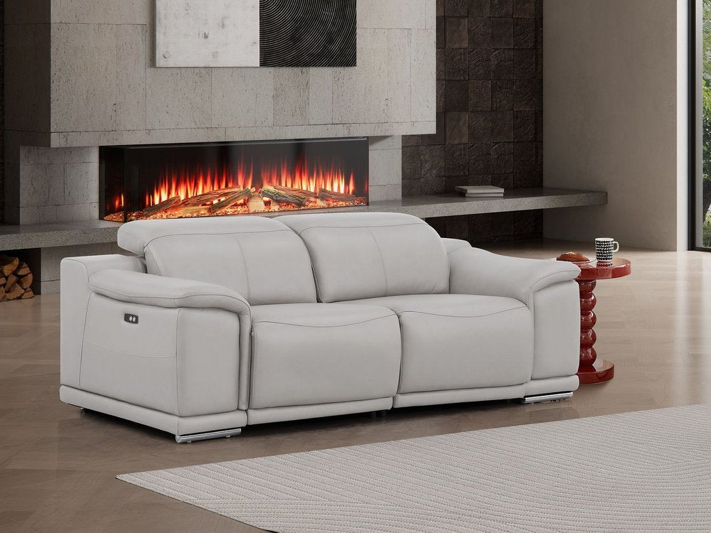 80" Ash Gray and Silver Leather Power Reclining Loveseat