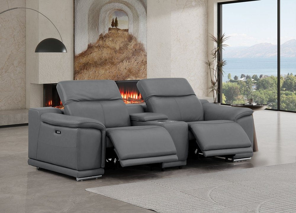 93" Battleship Gray and Silver Leather Power Reclining Loveseat