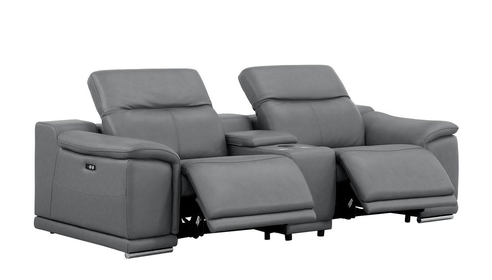 93" Battleship Gray and Silver Leather Power Reclining Loveseat