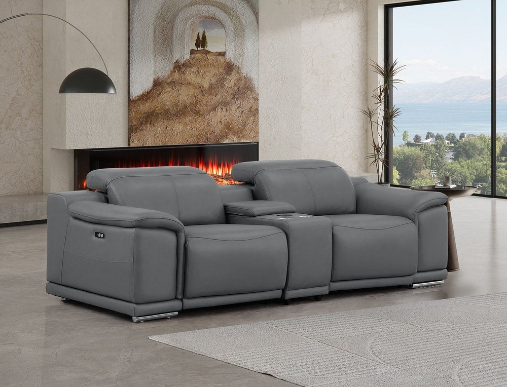 93" Battleship Gray and Silver Leather Power Reclining Loveseat