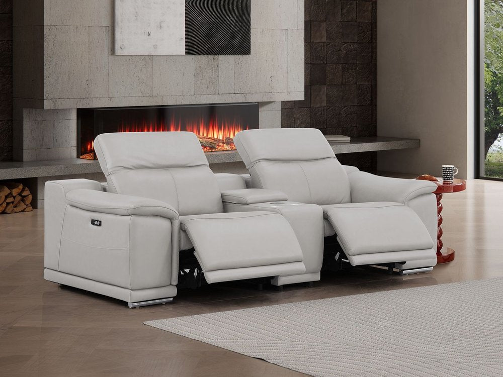 93" Ash Gray and Silver Leather Power Reclining Loveseat