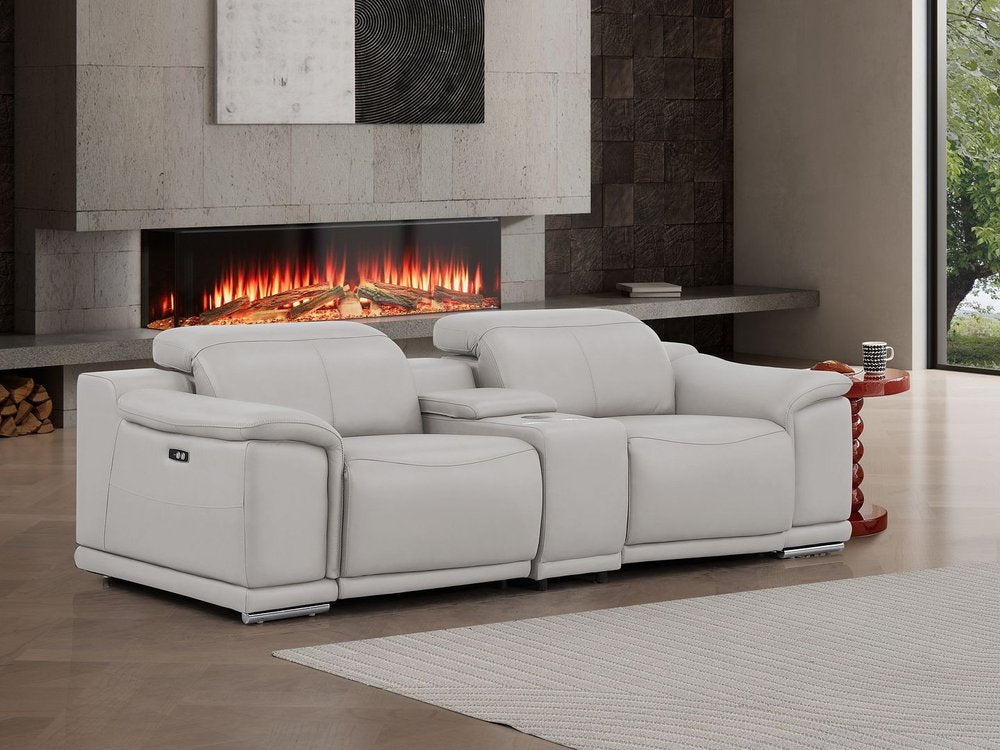 93" Ash Gray and Silver Leather Power Reclining Loveseat