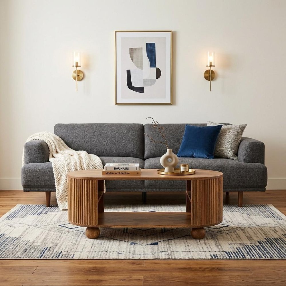 43" Oak Solid Wood Oval Coffee Table With Shelf