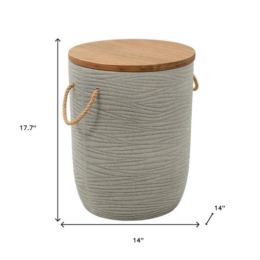 14" Natural and Gray Solid Wood and Faux Concrete Round Outdoor Side Table