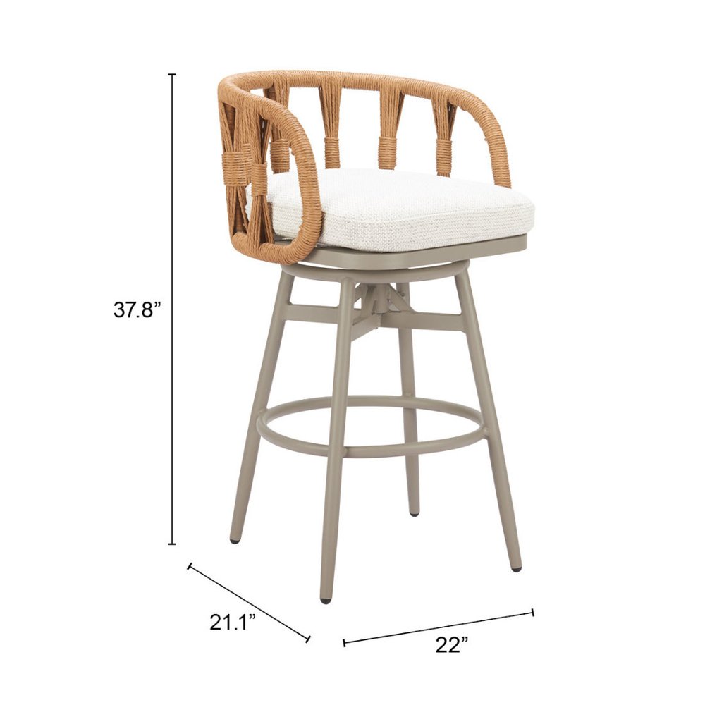 30" Gray Natural and White Aluminum And Faux Rattan Swivel Bar Height Chair
