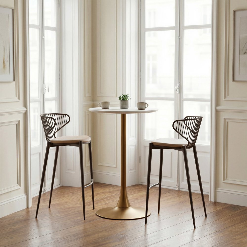 24" White and Gold Wood and Steel Rounded Bar Table