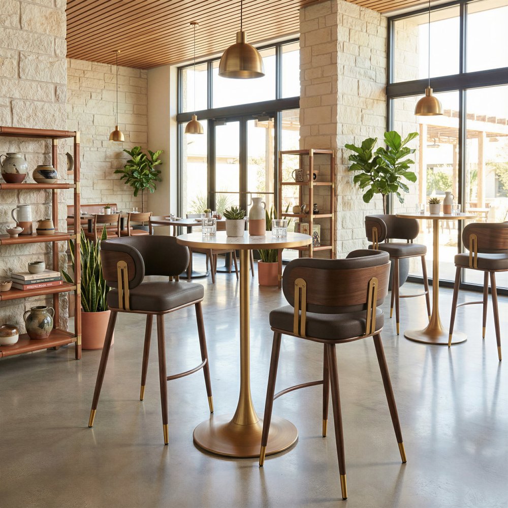 24" Beige and Gold Faux Terrazzo and Steel Rounded Bar Table