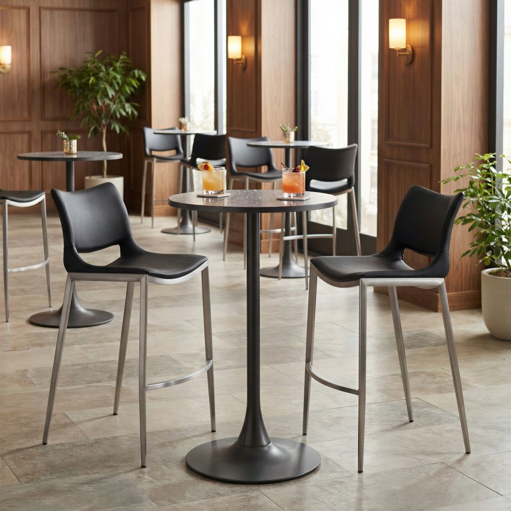 24" Gray and Black Faux Terrazzo and Steel Rounded Bar Table