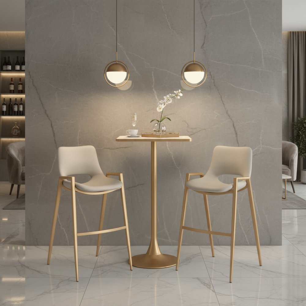 24" Beige and Gold Faux Terrazzo and Steel Square Bar Table