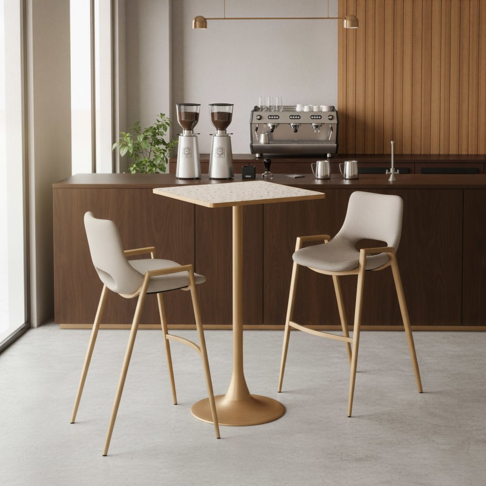 24" Beige and Gold Faux Terrazzo and Steel Square Bar Table